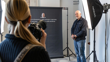 A professional headshot session in an office setting, with a photographer capturing employees' portraits against a sleek backdrop.