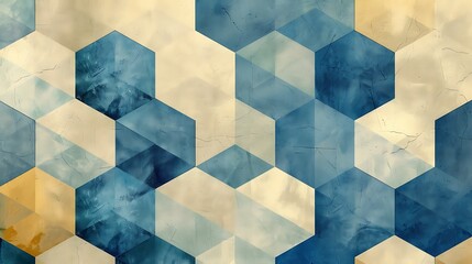 Wall Mural - Modern geometric shapes in pastel blue and muted yellow, forming a complex pattern of hexagons and diamonds, set on a light beige background. Highlighting clean lines and soft transitions,