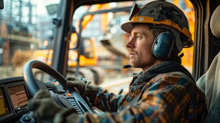 Wall Mural - A backhoe driver adjusting the controls with a backdrop of a bustling construction site