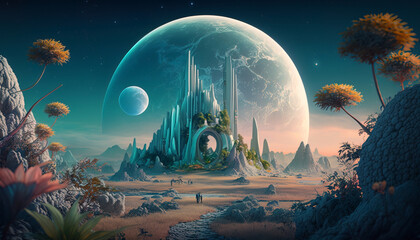 Wall Mural - human colony on unknown planet, surreal mystical fantasy artwork