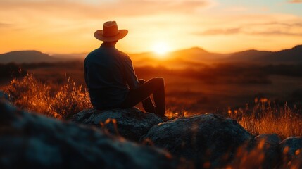 Poster - Man in Cowboy Hat Watching Sunset