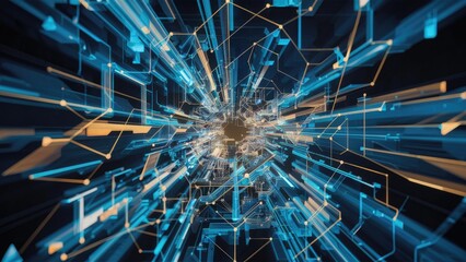 Poster - Abstract digital plexus background in blue and gold tones Intricate network of lines points and triangles representing engineering and scientific visualization concepts in business