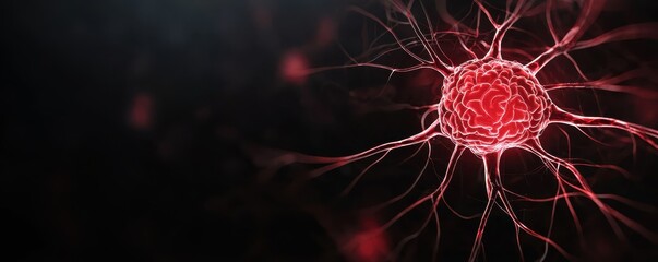 A glowing red neuron isolated in a dark background, minimalist concept symbolizing the impact of brain disease