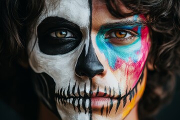 Portrait of a person with half their face painted as a skull and the other half vibrant and alive, illustrating life and death. High-resolution, detailed textures, crisp focus