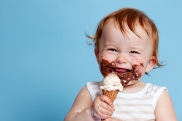 Tender image of smiling baby girl sweet and lively demeanor. Sweet baby girl looking directly bright and cheerful expression. Little one smiles while eating ice cream.