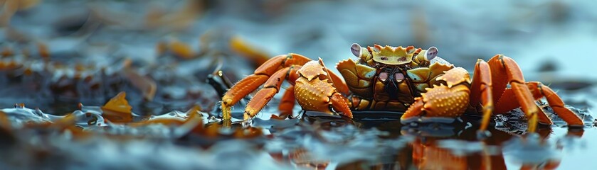 A crab is sitting on a wet surface