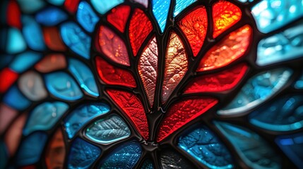 Wall Mural - Stained glass window background with colorful Leaf and Heart abstract. Valentine day 