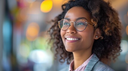 Wall Mural - Happy business woman in glasses smiling and looking away while standing against glass building outside