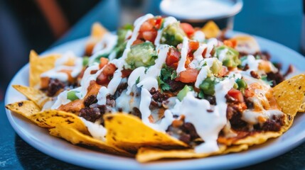 Wall Mural - Delicious Nachos with Beef, Guacamole, and Sour Cream