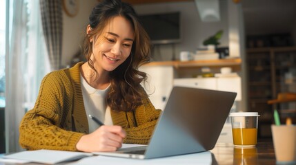 Wall Mural - A woman in her late thirties writing notes on paper while sitting at a table with a laptop