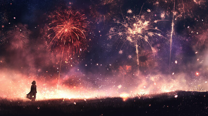 A person is standing in a field of fireworks