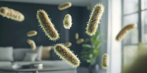 3D illustration of bacteria flying in the air against a modern minimalist living room interior background