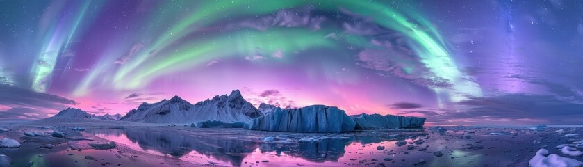 A beautiful aurora borealis is seen in the sky above a frozen landscape