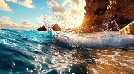 Aufkleber - Ocean Waves Crashing on a Rocky Shoreline at Sunset.