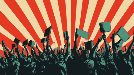 Silhouettes of people with raised arms and signs against a red and white striped background.