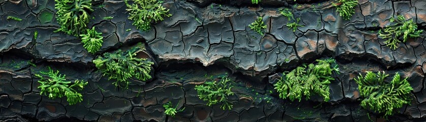 A tree trunk covered in moss and lichen