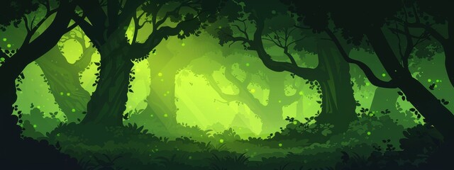 Wall Mural - Green cartoon forest background, dark, simple