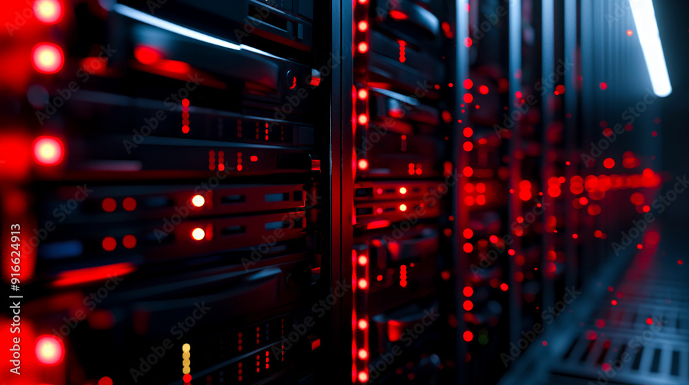 Ilustración de Stock Red Illuminated Data Center Server Racks. data ...