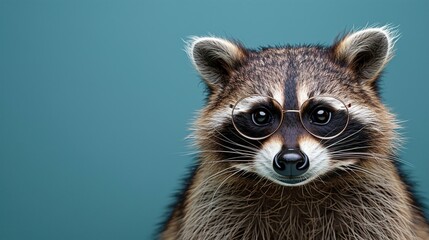 Wall Mural - Studio portrait of a raccoon wearing glasses on a simple and colorful background. 