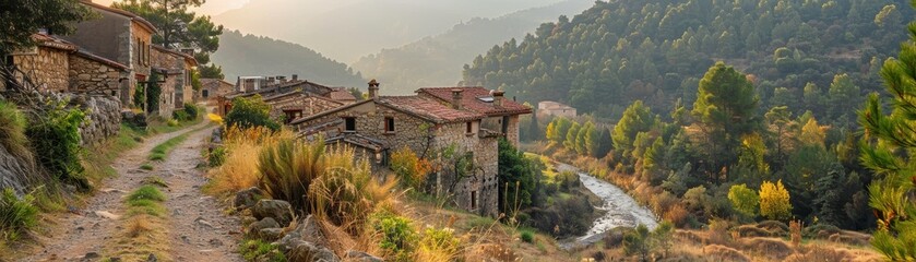 A rural landscape with a small village in the background