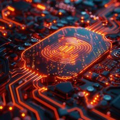 Poster - Sentinel Security System, Red Circuit Board with Glowing Lines.