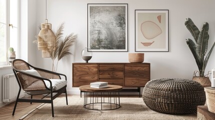 Sticker - Modern home decor: Harmonized living room with brown chest, boucle chair, coffee table, decor, mock-up posters, and stylish accessories.