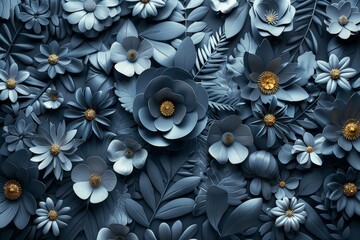 Wall Mural - An elegant floral wallpaper with a bunch of leaves and flowers in 3D on a black background