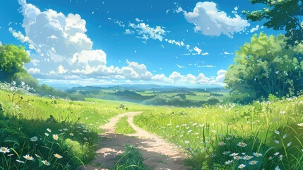 Wall Mural - The meeting of blue sky and green meadows in a peaceful countryside setting.