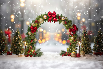 Arch of green branches with golden decorations on the snow. Christmas background for photo shoot.