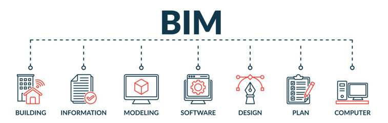 Banner of building information modeling (BIM) web vector illustration concept with icons of building, information, modeling, software, design, plan, computer
