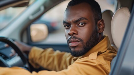 A man with a beard and a yellow shirt is driving a car