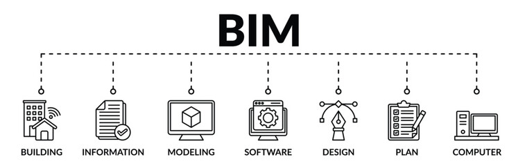 Banner of building information modeling (BIM) web vector illustration concept with icons of building, information, modeling, software, design, plan, computer