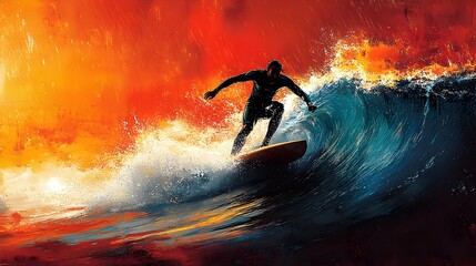 Surfer Navigating Dramatic Crashing Wave in Vibrant Sepia Toned Sunset Storm