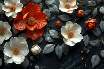 An elegant wallpaper design featuring a black background with a bunch of leaves and flowers