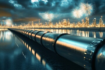 Industrial Pipeline with Fireworks Display