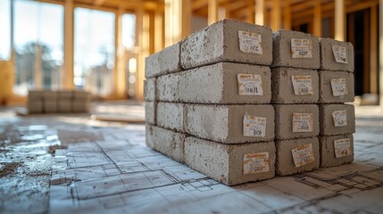 Wall Mural - stack of concrete foundation blocks with price tags attached. partially constructed foundation wall 