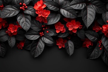 Canvas Print - An elegant wallpaper design featuring a black background with a bunch of leaves and flowers