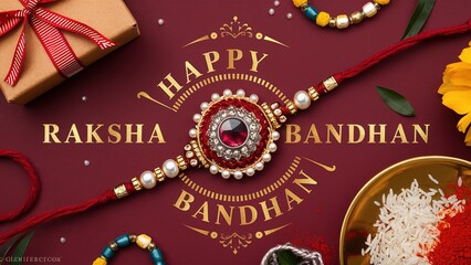 pictuire of rakshaband han greeting card with gift box rakhi thread and some rice grains Generative ai..