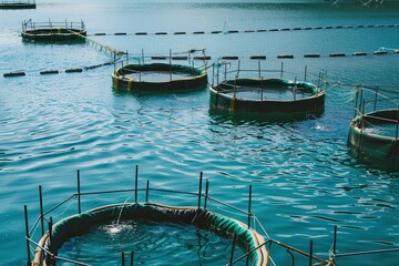 Cylindrical fish farming enclosures float on calm waters, reflecting the soft morning light, creating a serene atmosphere.