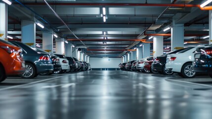 Poster - A parking lot with many cars parked in it