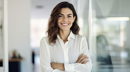 A portrait of an attractive woman in her late thirties, wearing business attire.