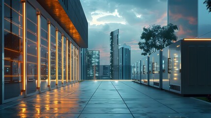 Poster - Energy Storage Integration, featuring advanced battery systems storing excess energy during low-demand periods, depicted within a sleek, modern architectural setting, ready to be used during peak time