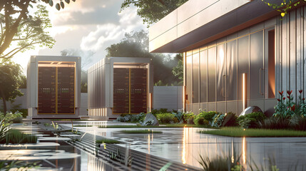 Poster - Energy Storage Integration, featuring advanced battery systems storing excess energy during low-demand periods, depicted within a sleek, modern architectural setting, ready to be used during peak time