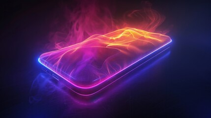 abstract glowing neon pink and blue mobile phone in the air, surrounded by smoke on a dark backgroun