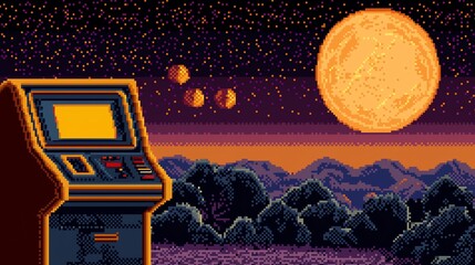 Wall Mural - 8-bit style pixel art of a retro arcade game scene