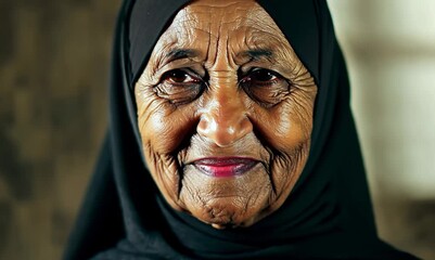 Wall Mural - Portrait of an elderly asian muslim woman in black hijab