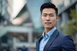© Nikki AI - Portrait of a Handsome Thai Man in a Suit With Business Center on Background