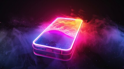 abstract glowing neon pink and blue mobile phone in the air, surrounded by smoke on a dark backgroun