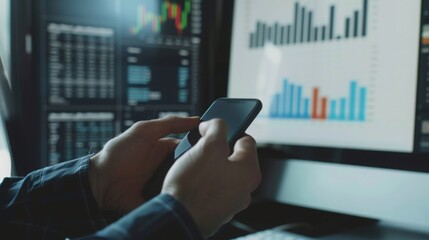 Business professional analyzing financial data on smartphone in office environment, hands focused on graphs and charts near computer screen showcasing market trends.