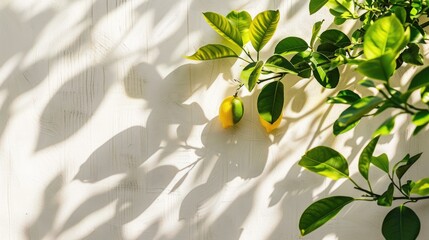 Poster - Lemon tree leaves shadow on white wall for product presentation with copy space.